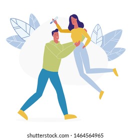 Happy Future Parents Flat Vector Illustration. Excited Husband and Pregnant Wife Cartoon Characters. Cheerful Man Holding Young Woman with Positive Pregnancy Test. Couple Expecting Baby, Parenting