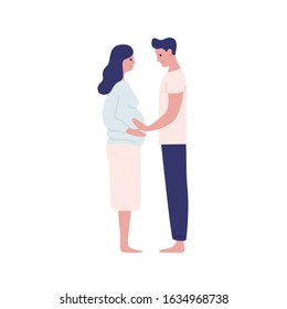 Happy future parents hugging vector flat illustration. Smiling cartoon man touching belly of pregnant female isolated on white. Family people character enjoying pregnancy and motherhood