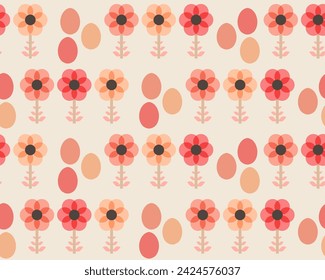 Happy fuzz peach pink Easter eggs and geometric flowers on beige