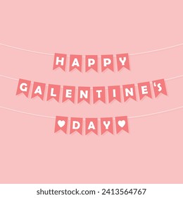 Happy Galentine's Day bunting garland, pink pennants with white letters, party lettering banner, galentine card, vector holiday decoration