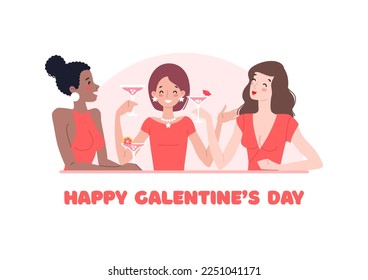 Happy Galentine's Day card template. Illustration of pretty young women talking and laughing together. Woman's friendship concept. Vector 10 EPS.