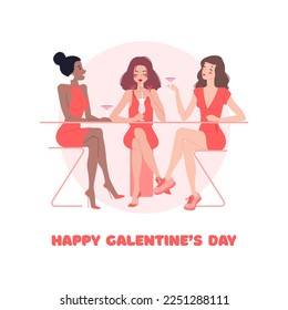 Happy Galentine's Day card template. Illustration of pretty young women talking and laughing together. Woman's friendship concept. Vector 10 EPS.