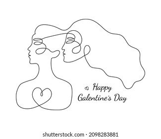 Happy Galentine's Day design whith two woman faces abstract one continuous line portrait. Modern minimalist style illustration, suitable for greeting cards, poster, prints.