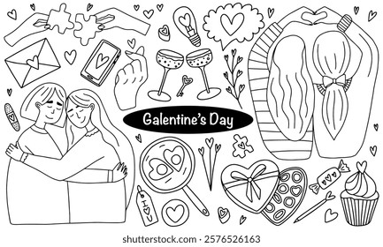 Happy Galentines day doodle set. Vector set of hand drawn Galentine day stickers