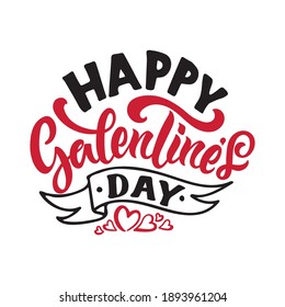 Happy Galentine's Day handwritten text. Hand lettering, modern brush ink calligraphy isolated on white background with ribbon and hearts. Vector illustration. Concept for card, logo, poster, print