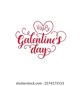 Happy Galentine's Day handwritten text. Hand lettering, modern brush ink calligraphy isolated on white background with ribbon and hearts. Vector illustration. Concept for card, logo, poster, print