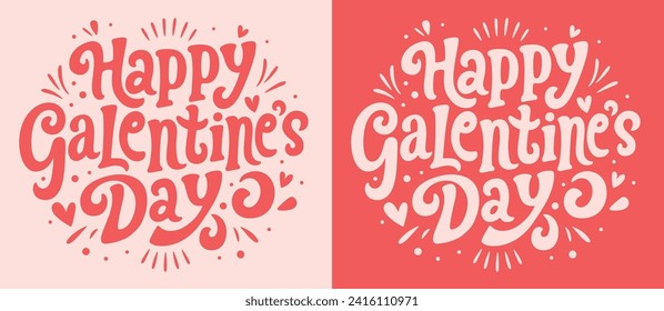 Happy Galentine's Day lettering card. Galentine pink and red quotes badge. Groovy retro vintage aesthetic Valentine best friend bestie girls party gift. Cute hearts text shirt design and print vector.