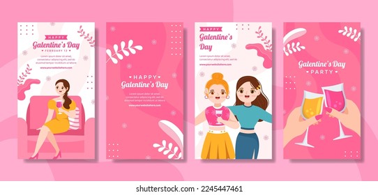 Happy Galentines Day Social Media Stories Flat Cartoon Hand Drawn Templates Illustration