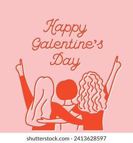 Happy Galentines Day, three hugging girls, slumber party, pink and red combo, hand drawn square vector card