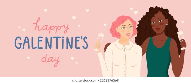 Happy Galentines day vector card, banner. Two young women, female friends are drinking wine flat cartoon illustration