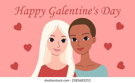 Happy Galentines day. vector card, banner. Two women