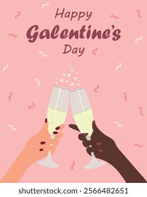 Happy Galentines Day vertical card. Celebration cheering. Vector hand drawn illustration 