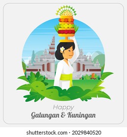 Happy Galungan greetings card with praying balinese woman