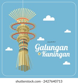 Happy galungan and kuningan with hanging penjor decoration vector greetings card