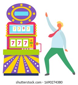 Happy gambler dancing man vector, isolated person standing by slot machine with numbers 777. Lucky sevens, gambling games and victory money gaining