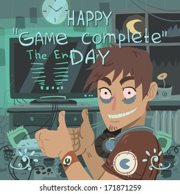 "Happy game complete day" greeting card. 