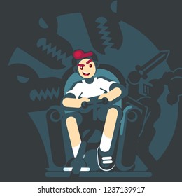 Happy gamer playing video game sitting on the couch sofa. Gamepad in hands. An excited young man playing video game rpg mmo pc console at home. Vector flat design illustration