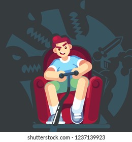 Happy gamer playing video game sitting on the couch sofa. Gamepad in hands. An excited young man playing video game rpg mmo pc console at home. Vector flat design illustration