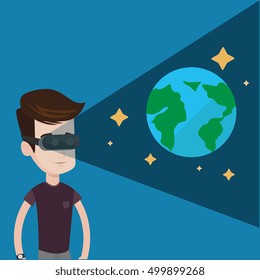 Happy gamer wearing futuristic virtual reality headset and looking at open space with earth model and stars. Young caucasian man playing videogame. Vector flat design illustration. Square layout.