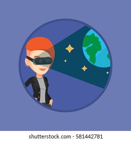 Happy gamer wearing futuristic virtual reality headset and looking at open space with earth model. Woman playing virtual game. Vector flat design illustration in the circle isolated on background.