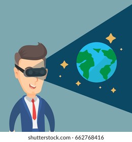 Happy gamer wearing futuristic virtual reality headset and looking at open space with earth model and stars. Young caucasian man playing video game. Vector flat design illustration. Square layout.