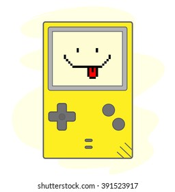 Happy Gaming, a hand drawn vector illustration of a handheld gaming device, the text, game device, and background are on separate groups for easy editing.