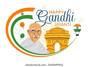 Happy Gandhi Jayanti Day is an Event Celebrated in India on October 2nd, which Marks Gandhi's Birthday in Flat Cartoon Background Vector Illustration