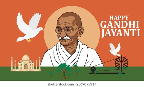 A Happy Gandhi Jayanti design featuring Mahatma Gandhi's portrait, doves, the Indian tricolor, and iconic symbols like the Ashoka Chakra and the Taj Mahal, symbolizing peace and patriotism