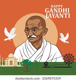 A Happy Gandhi Jayanti design featuring Mahatma Gandhi's portrait, doves, the Indian tricolor, and iconic symbols like the Ashoka Chakra and the Taj Mahal, symbolizing peace and patriotism