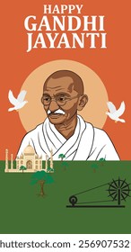 A Happy Gandhi Jayanti design featuring Mahatma Gandhi's portrait, doves, the Indian tricolor, and iconic symbols like the Ashoka Chakra and the Taj Mahal, symbolizing peace and patriotism