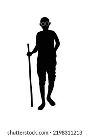 Happy Gandhi Jayanti graphic resource with walking stick glasses or spectacles vector illustration. Gandhi Ji standing silhouette. Dandi or Salt march. Isolated digital design. 2nd October holiday art