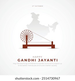 Feliz Gandhi Jayanti Post y Flyer Plantilla. Mahatma Gandhi Jayanti Creativo con Texto y Charkha Ilustración vectorial