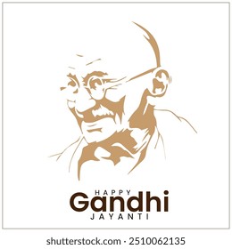 Happy Gandhi Jayanti text with a minimalist Gandhi sketch on a white background