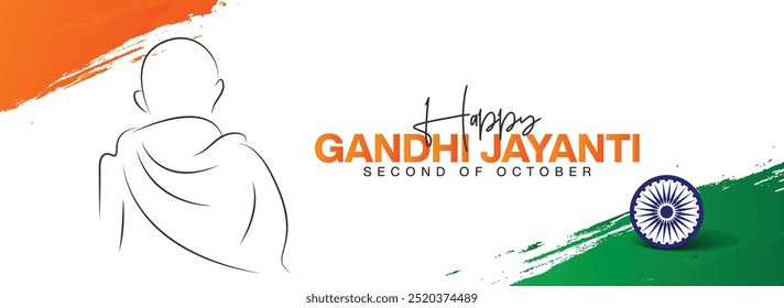 Happy Gandhi Jayanti Typography with Tri Color Indian Flag Background, Outline drawing of Mahatma Gandhi Portrait. 2nd October Holiday Greeting Card, Cover, Banner Design. Vector Template