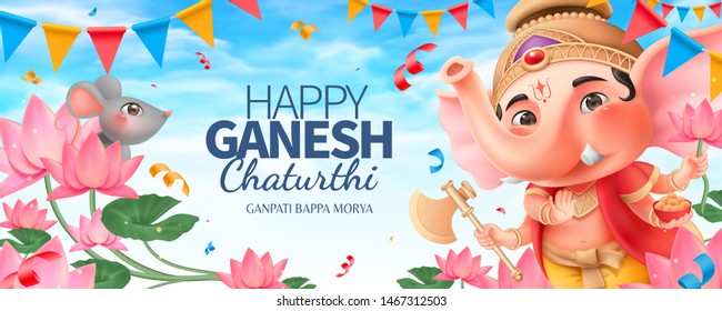 Happy Ganesh chaturthi banner design with lovely chubby Ganesha and beautiful lotus garden