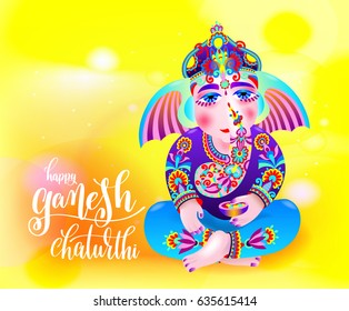 happy ganesh chaturthi beautiful greeting card or poster for indian festival with lord ganesha and hand lettering on abstract yellow orange background, vector illustration