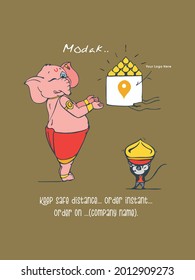 Happy Ganesh Chaturthi: Celebrating Lord Ganesha Festival. A funny cartoon of lord Ganesha spreading the social message for online shopping during this pandemic (corona) time 