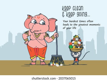 Happy Ganesh Chaturthi: Celebrating Lord Ganesha Festival. A funny cartoon of lord Ganesha spreading the social message of Clean India and Corona awareness.  