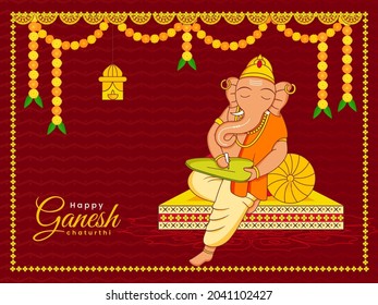 Happy Ganesh Chaturthi Celebration Background With Lord Ganesha Writing On Leaf Illustration.