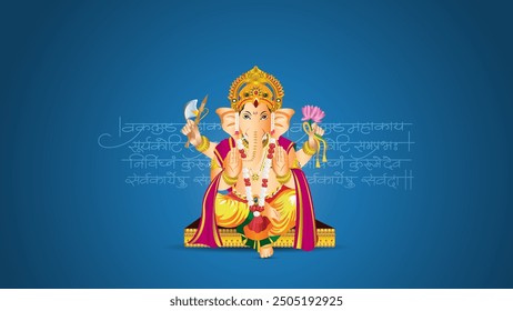 Happy ganesh chaturthi celebration vector. Lord Ganesh Chaturthi background. Lord Ganesh Mantra in Sanskrit. Sanskrit calligraphy Means "Lord Ganesha"