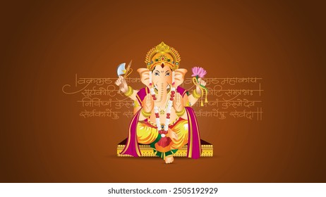 Fröhliche Ganesh Chaturthi Feier Vektor. Lord Ganesh Chaturthi Hintergrund. Lord Ganesh Mantra in Sanskrit. Sanskrit Kalligrafie bedeutet "Lord Ganesha"