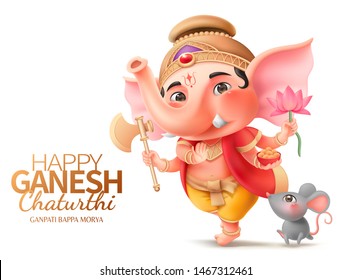 Happy Ganesh chaturthi character with Ganesha and mushika