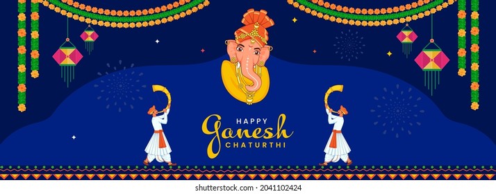 Happy Ganesh Chaturthi Concept With Lord Ganesha Face And Maharashtrian Men Blowing Tutari Horn On Blue Background.