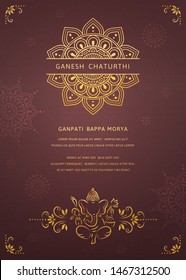 Happy Ganesh chaturthi design with golden line Ganesha and mandala elements on burgundy red background