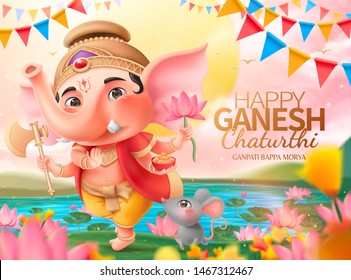Happy Ganesh chaturthi design with lovely chubby Ganesha holding gulab, lotus and axe standing by beautiful lotus pond