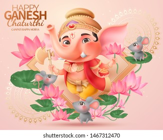 Feliz diseño de chaturthi de Ganesh con el encantador regordete de Ganesha sosteniendo gulab, lotus y hacha parados en medio del jardín de lotos