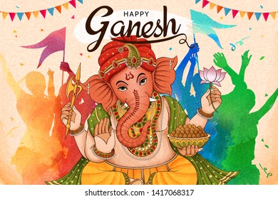 Happy Ganesh Chaturthi design with people dancing together in colorful tone