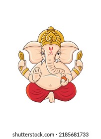 Happy Ganesh Chaturthi and Diwali graphic resource. Lord Ganesha ji, ganapati, ganesha, vinayaka, Ganpati. Sitting pose four arms in Saffron red clothes. Traditional India Festival Vector illustration