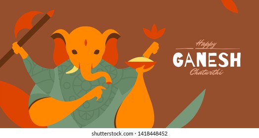 Happy Ganesh Chaturthi festival banner modern flat design with Ganesha  - Vector