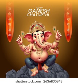 Happy Ganesh Chaturthi festival banner with cute Lord Ganesha sitting on rocks, glowing Sanskrit text, and golden background – Indian religious celebration artwork.